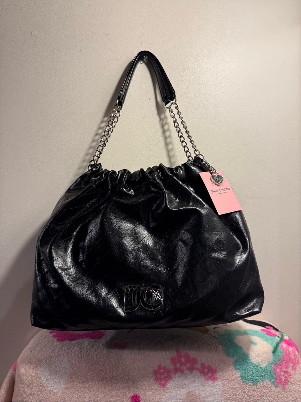 Juicy Couture Soft Spoken Tote bag color licorice black with silver chain NWT